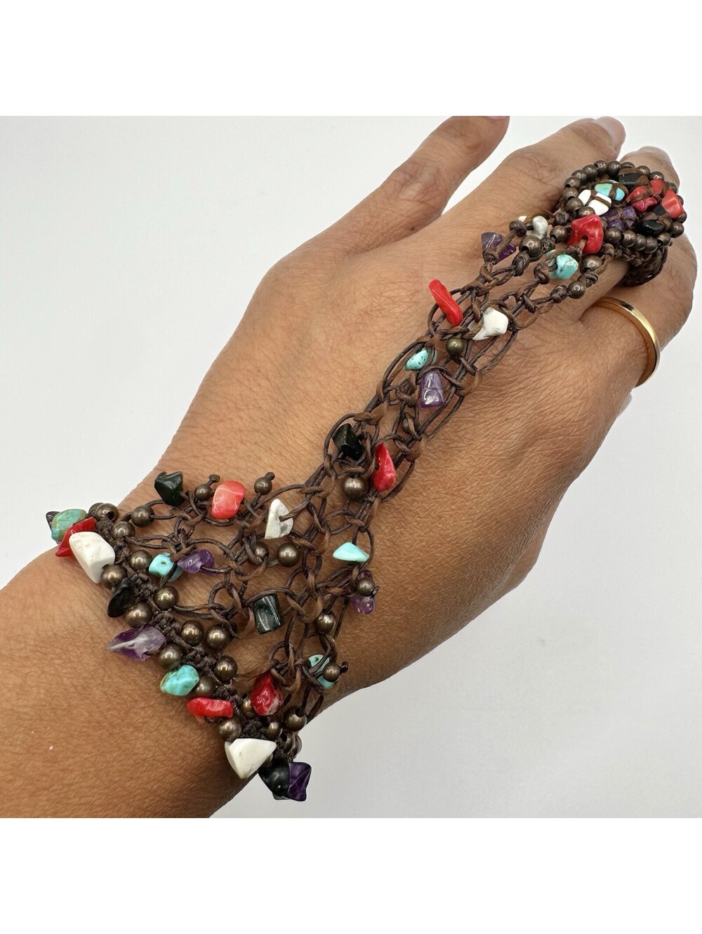 Vintage Macrame Slave Bracelet Boho Hand Harness Multi-Gemstone Chip Beaded Ring